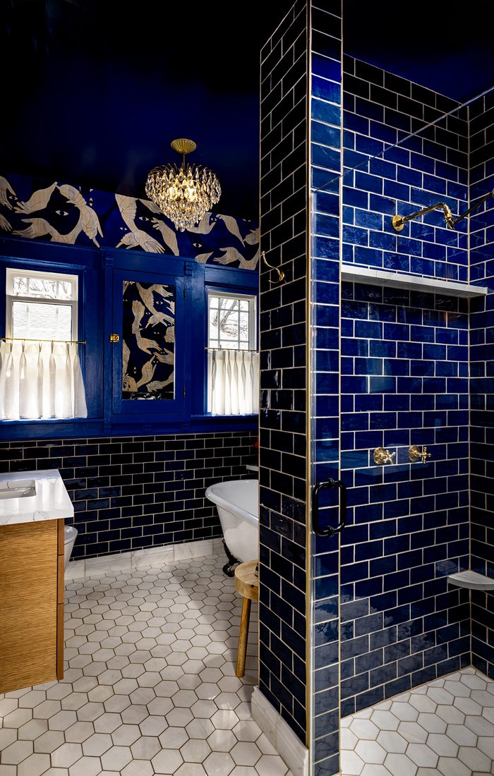 Interior of blue bathroom