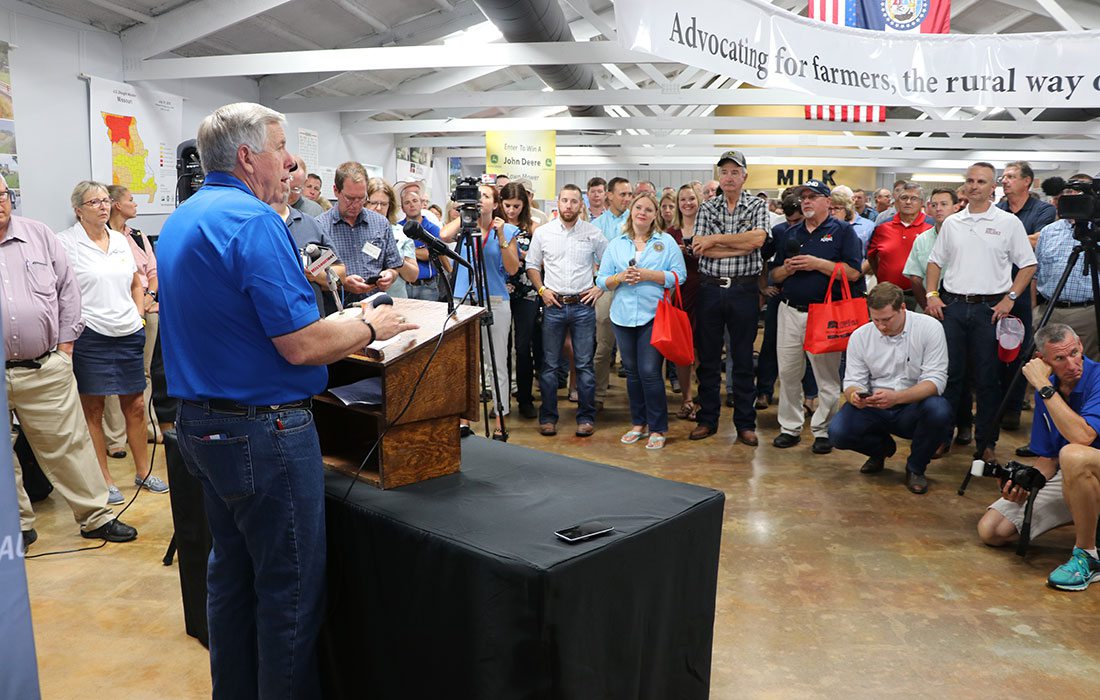 Missouri Governor Mike Parson speaking to rural farmers