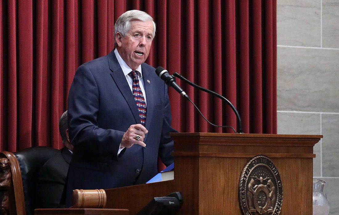 Missouri Governor Mike Parson speaking at his first general assembly