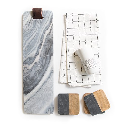 Marble Tray, Grid Hand Towel, Pitcher, Wood and Marble Coasters