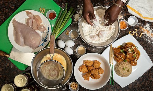 Deconstructed ingredients for making Springfield-style cashew chicken