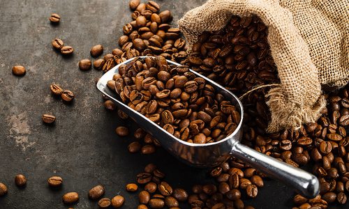 Coffee beans and a metal scoop