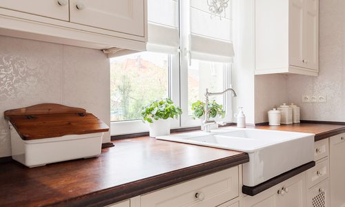Wood kitchen countertop stock image