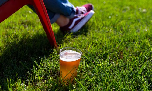 glass of beer in grass by woman's lawn chair at mother's brewery springfield mo