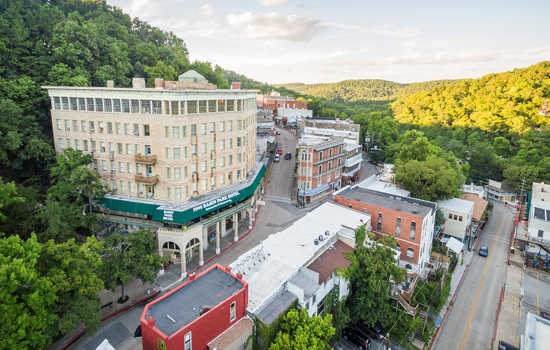 Aerial shot of downtown Eureka Springs, Arkansas