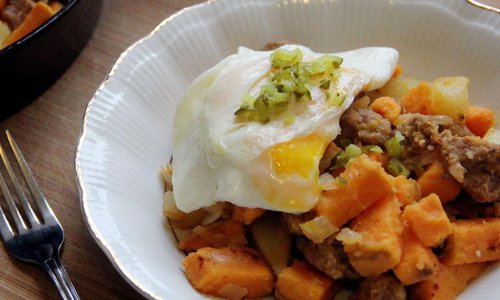 Sweet Potato and Andouille Hash