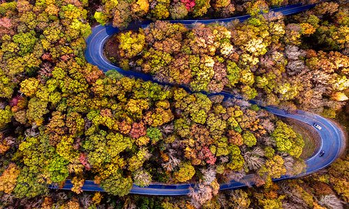 Drone view of the Pig Trail Scenic Byway in Arkansas