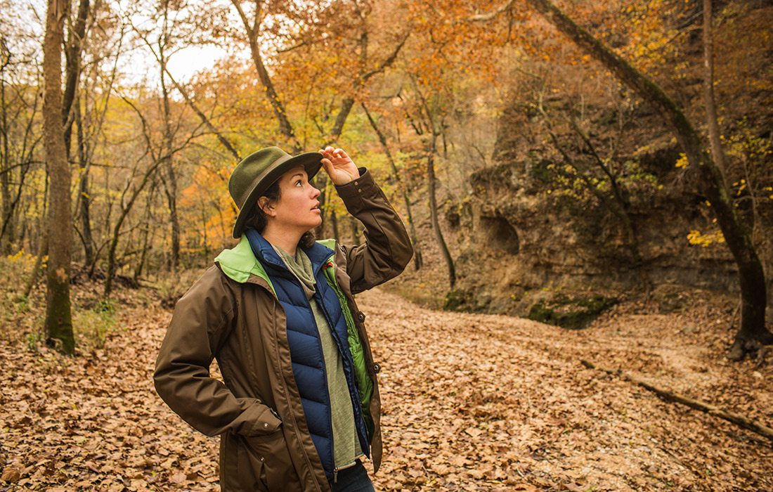 Hiker along Natural Tunnel Trail in Bennett Springs State Park