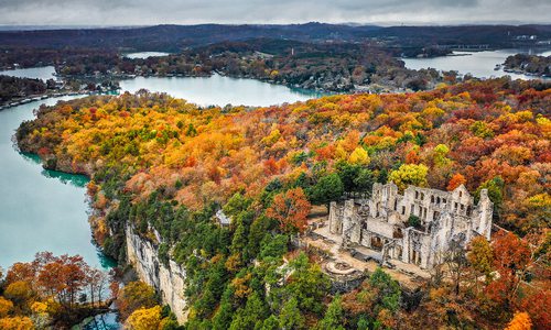 Aerial view of rocky bluffs and castle ruins at Ha Ha Tonka in Camdenton, Missouri