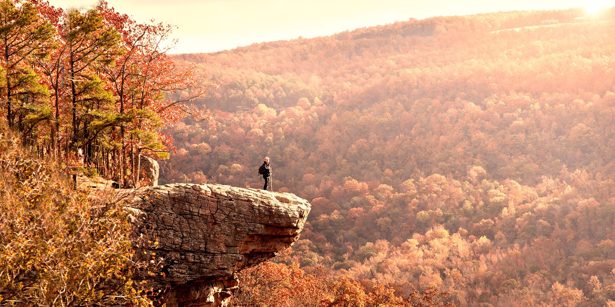 Man on a rock ledge along Hawksbill Crag in Arkansas