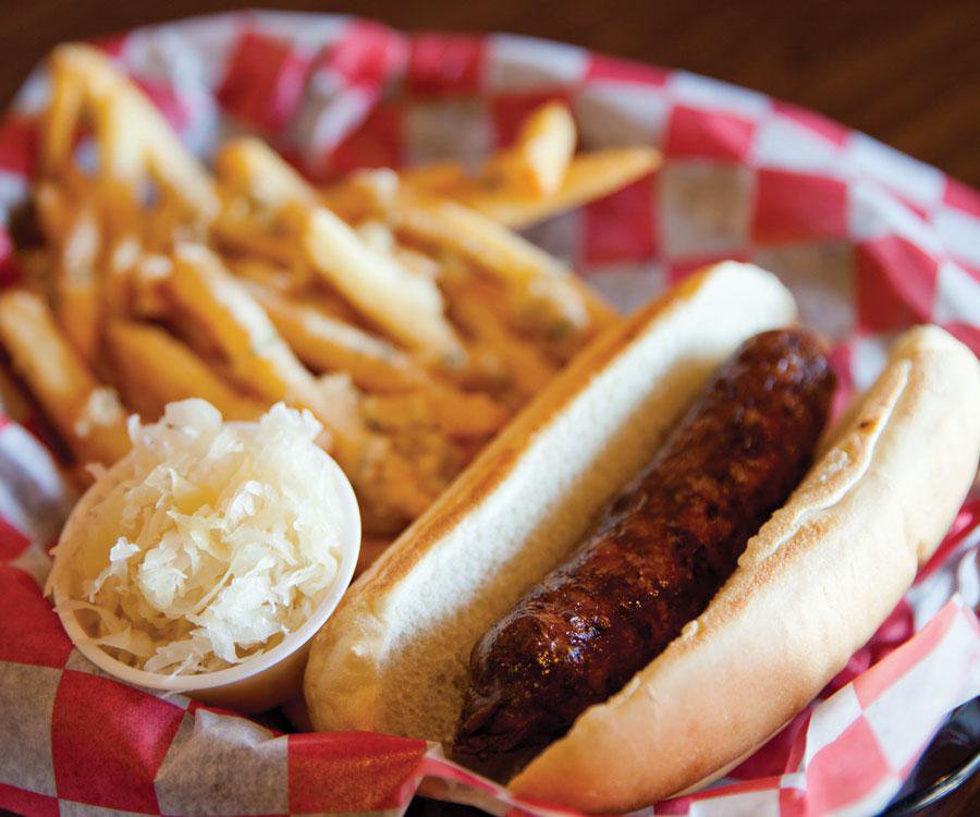 Bratwurst and fries at Falstaff's Local in Springfield MO