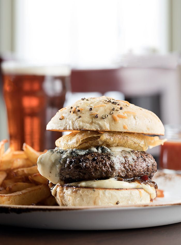 Blue Burger and a Beer from Farmers Gastropub