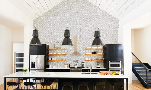 Statement wall with a geometric tile backsplash