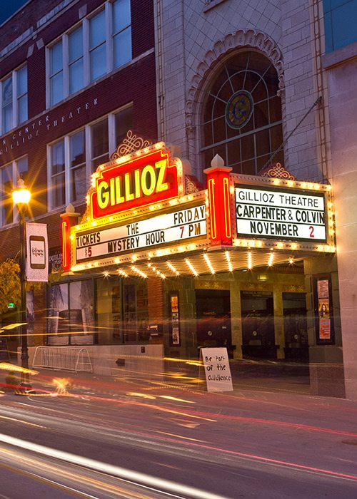 Historic Gillioz Theatre marquee today