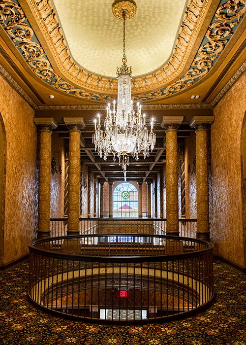 Crystal chandelier on second floor of Historic Gillioz Theatre