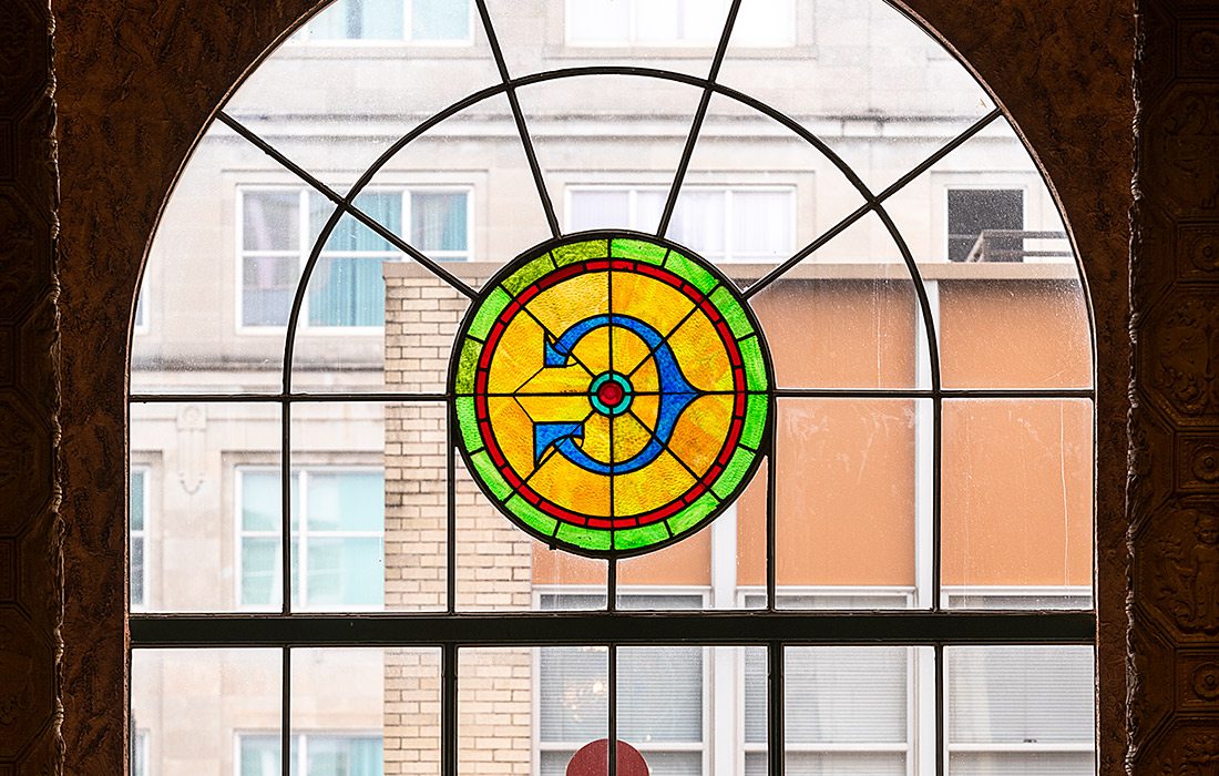 Stained glass window in the upper facade of the Gillioz Theatre Springfield Missouri