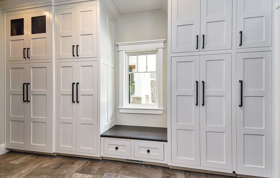 Mudroom storage of modern craftsman style home in southwest Missouri