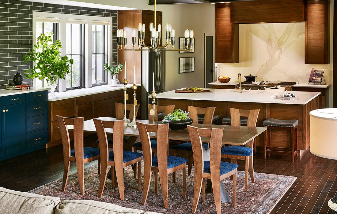 Dining room and kitchen of rustic midcentury modern home in southwest Missouri