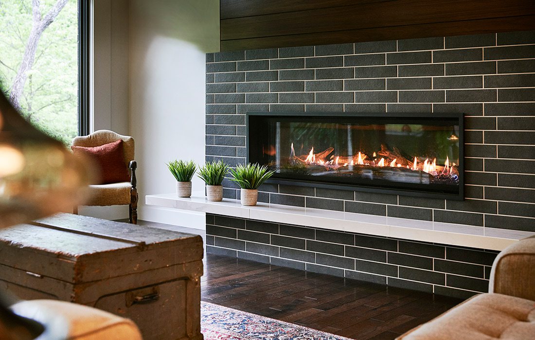 Fireplace of rustic midcentury modern home in southwest Missouri