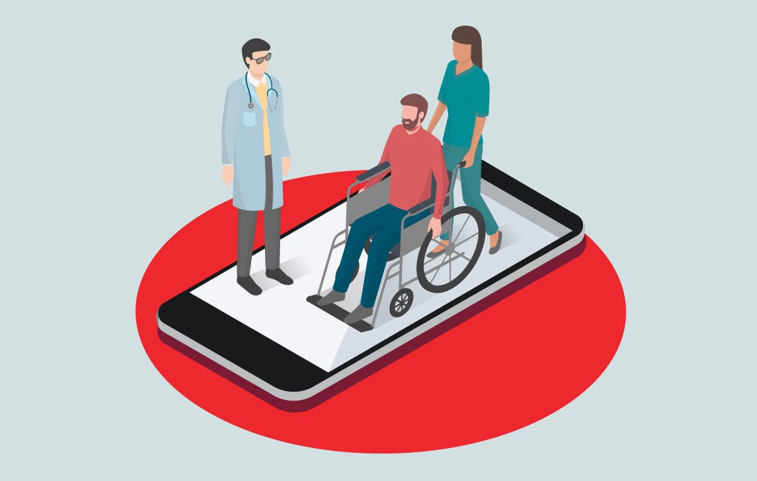 man in wheelchair at hospital on a phone