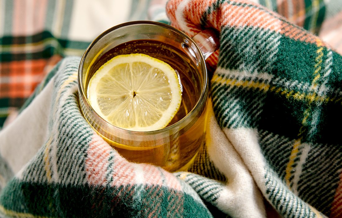 Hot toddy in a cozy plaid blanket