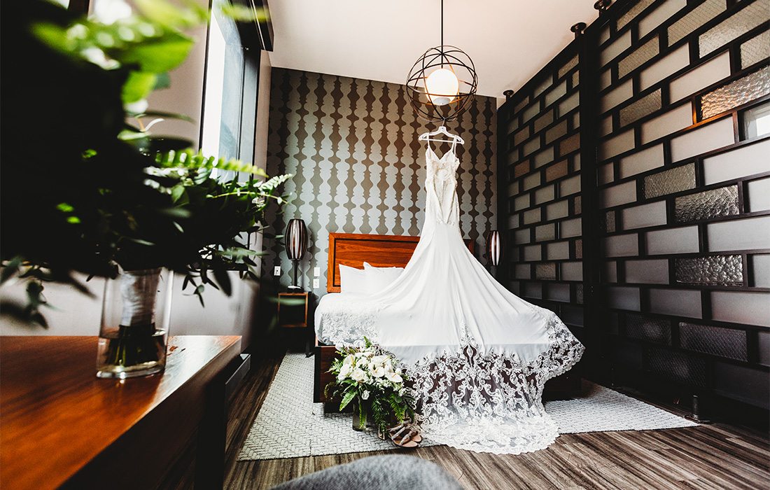 Bride's dress displayed at Hotel Vandivort.