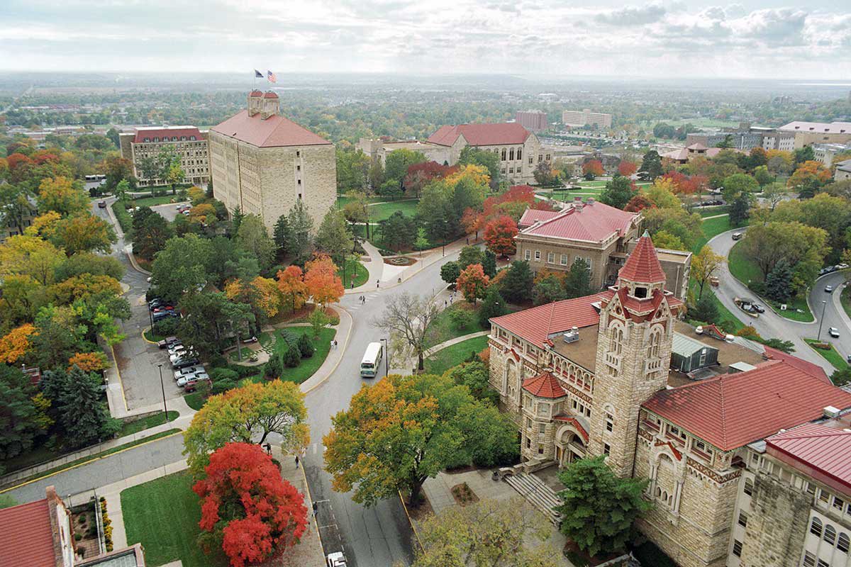 aerial view of KU's college campus