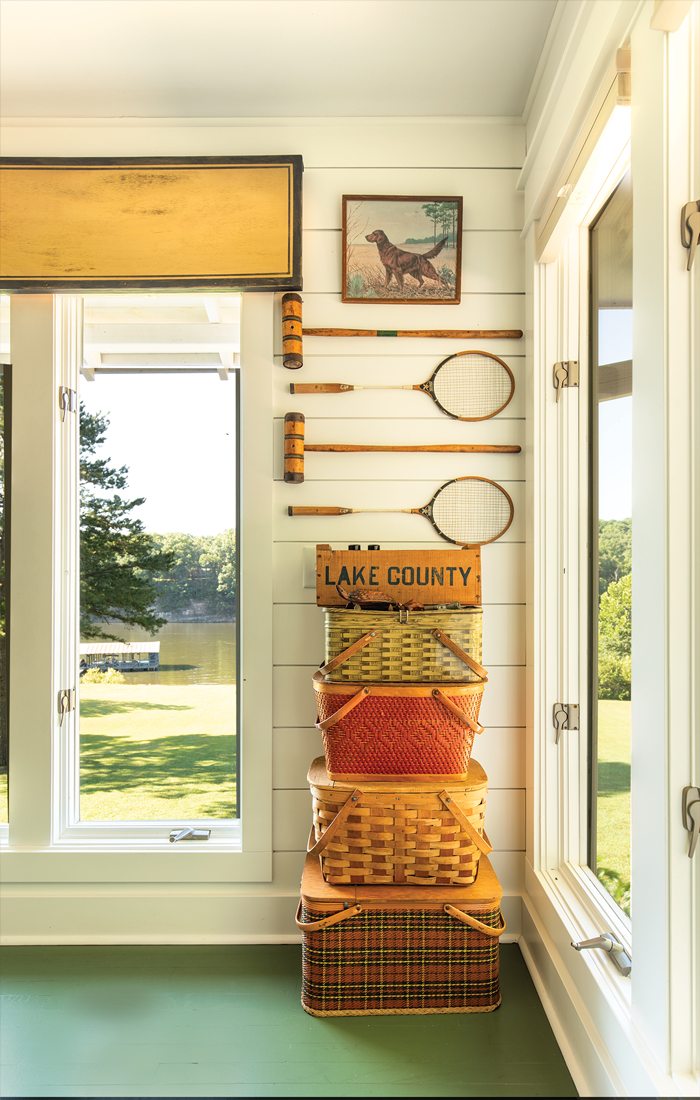 Interior porch in lakeside cabin