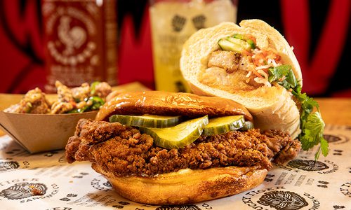 Crispy Chicken sandwich, Pork Belly Banh Mi and Chicken Karaage Thai style at Lucky Tiger Sandwich in Springfield MO