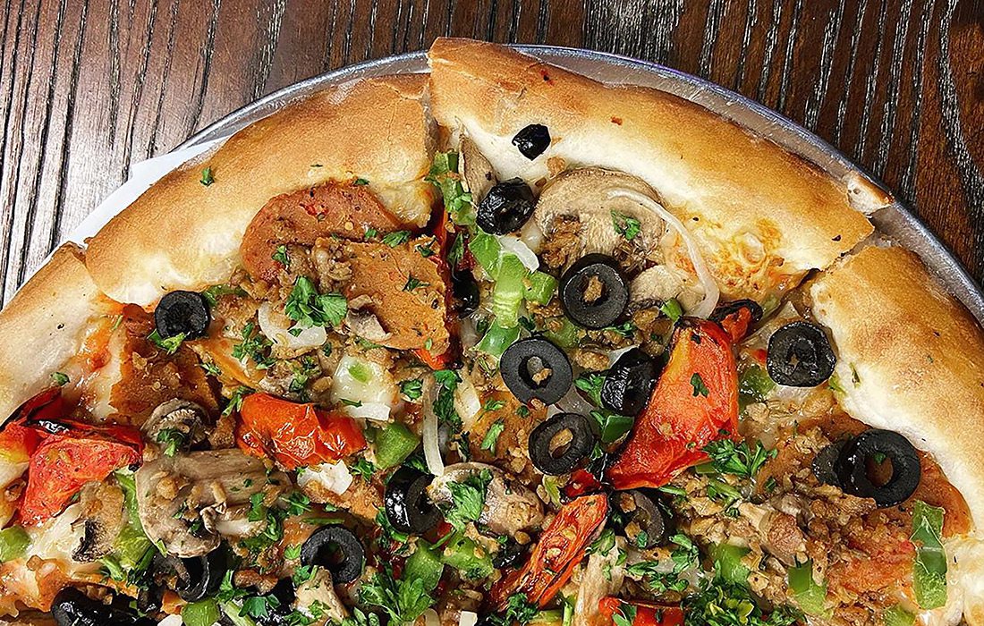 Luco's Pizza with Jakes Vegan Burgers Sausage