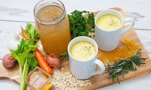 Homemade bone broth and ingredients