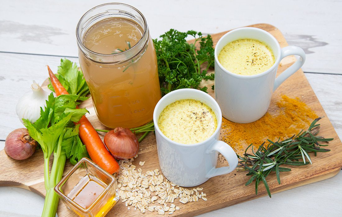 Homemade bone broth and ingredients