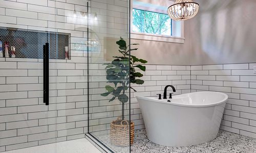 Modern farmhouse master bathroom design with traditional elements by Eck Group Building in southwest Missouri