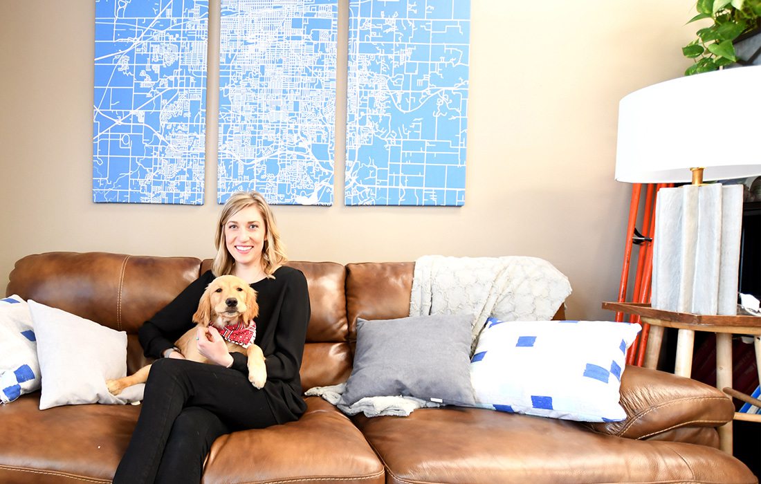 Margie, a 3-month-old golden retriever with Kathryn Bergmann at Bergmann Engineering Company