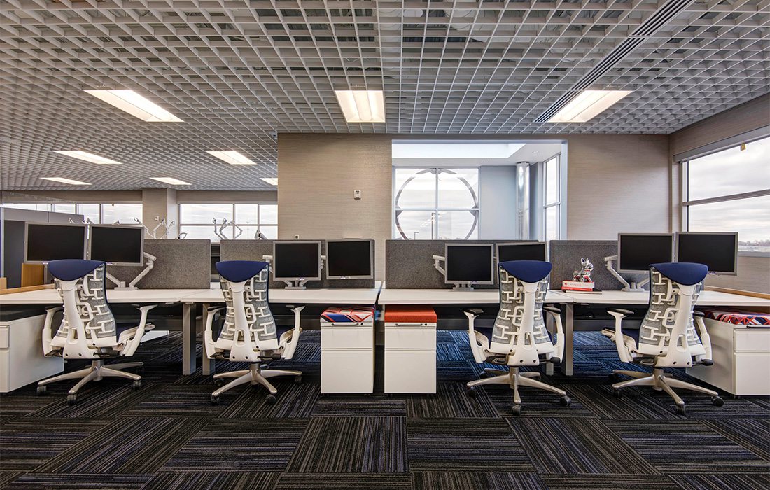 desks and chairs in office