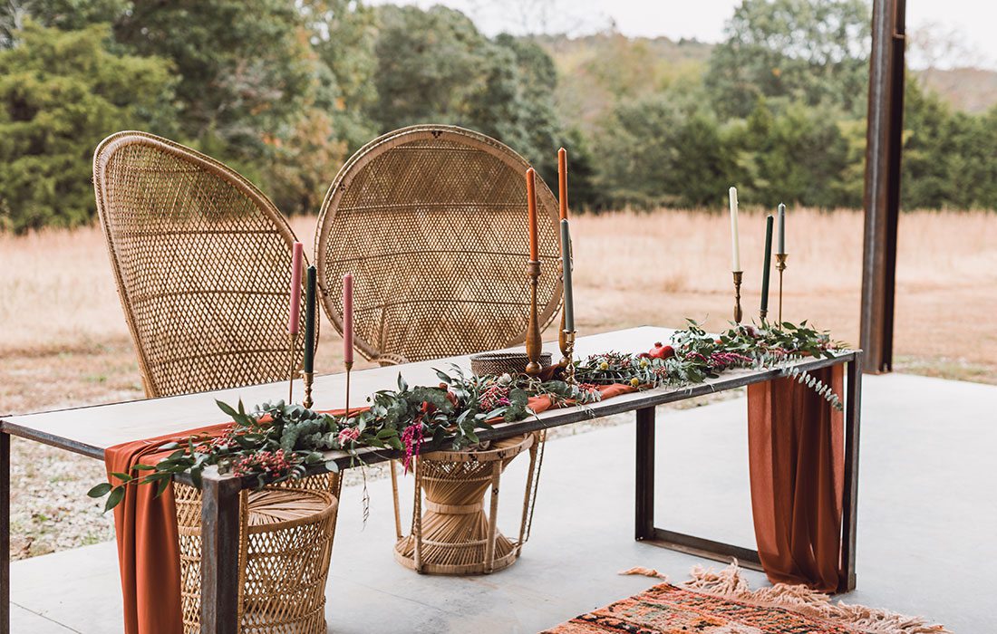 Bohemian head table design at The Co-Op Venue in Pleasant Hope, MO