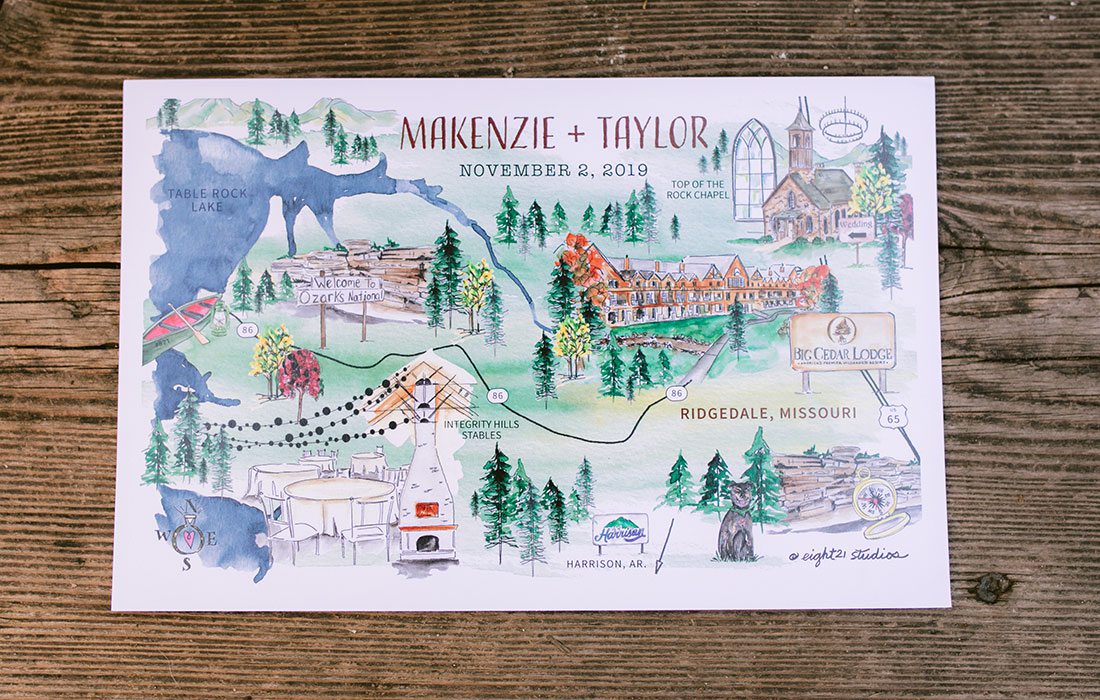 Personalized watercolor wedding invitation for Makenzie Moore & Taylor Lambke