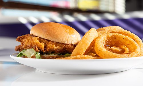 Crispy chicken sandwich and onion rings at Red's Giant Hamburg in Springfield MO