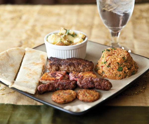 Mediterranean food, chicken kebab, Lebanese potato salad, talafel and tabouli