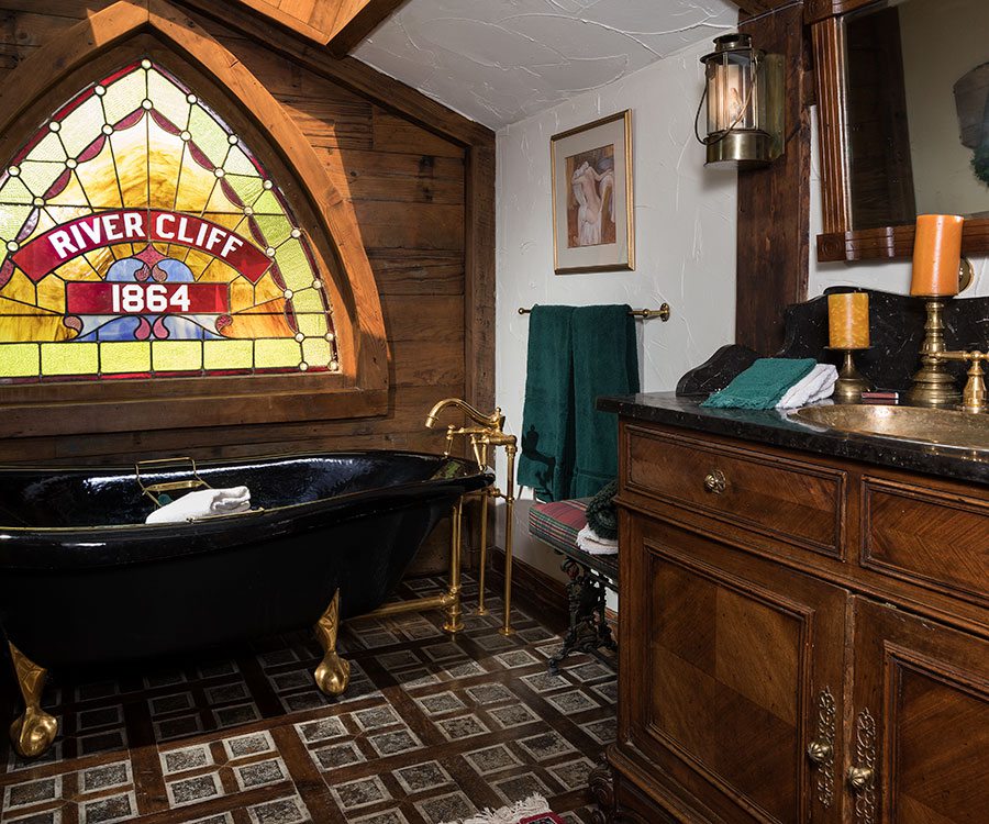 Rivercliff Estate Stained Glass Above Vintage Tub