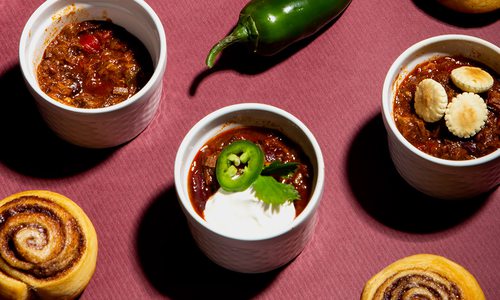 Smoked brisket chili and cinnamon rolls