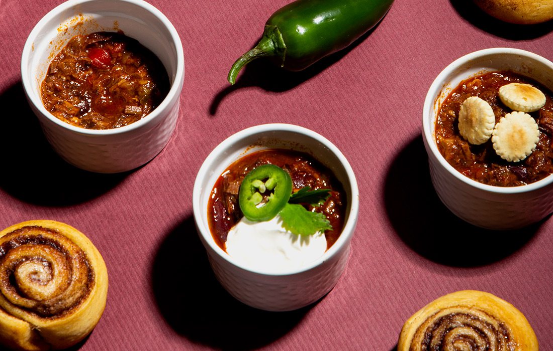 Smoked brisket chili and cinnamon rolls