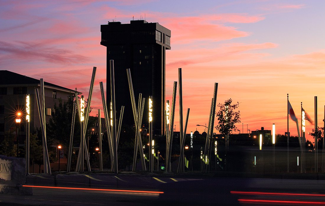 Sunset behind Hammons Tower and Jordan Valley Park Springfield MO