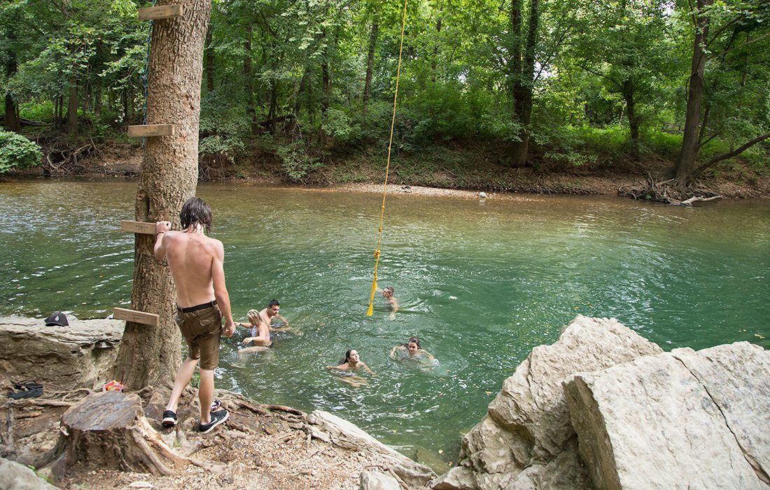 Flat Rock has a rope swing that’s easily visible from the road.