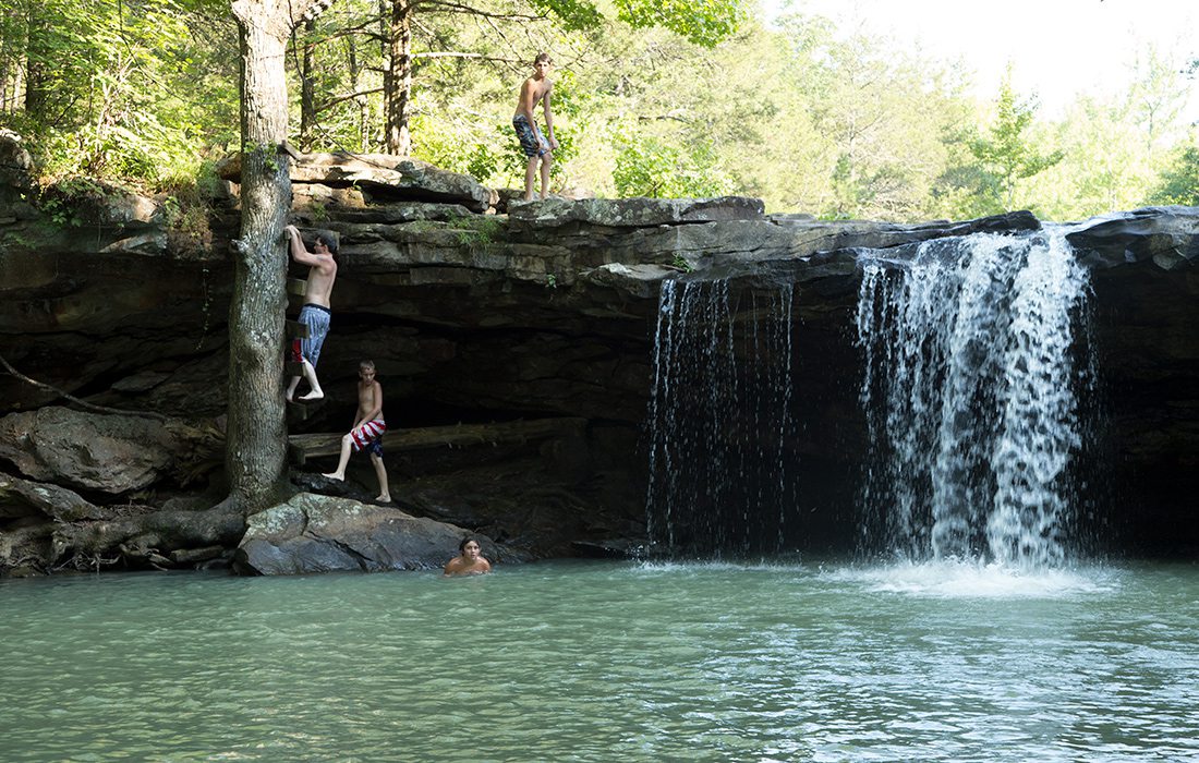 A makeshift ladder on a tree allows you to climb from the swimming hole at Falling Water Falls to the top of the waterfall.