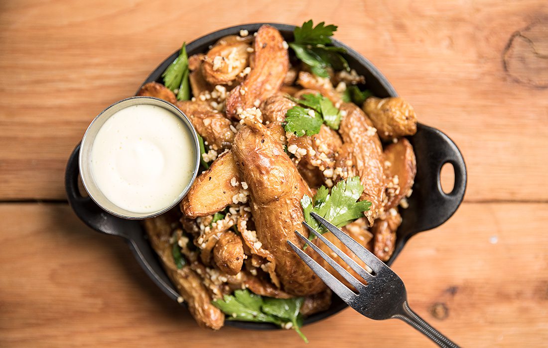 The spuds dish takes fried fingerling potatoes and smothers them in enough garlic to be smelled from the street.