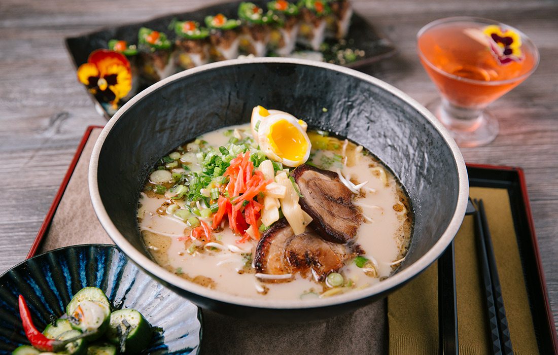 Brightly colored bowl of ramen