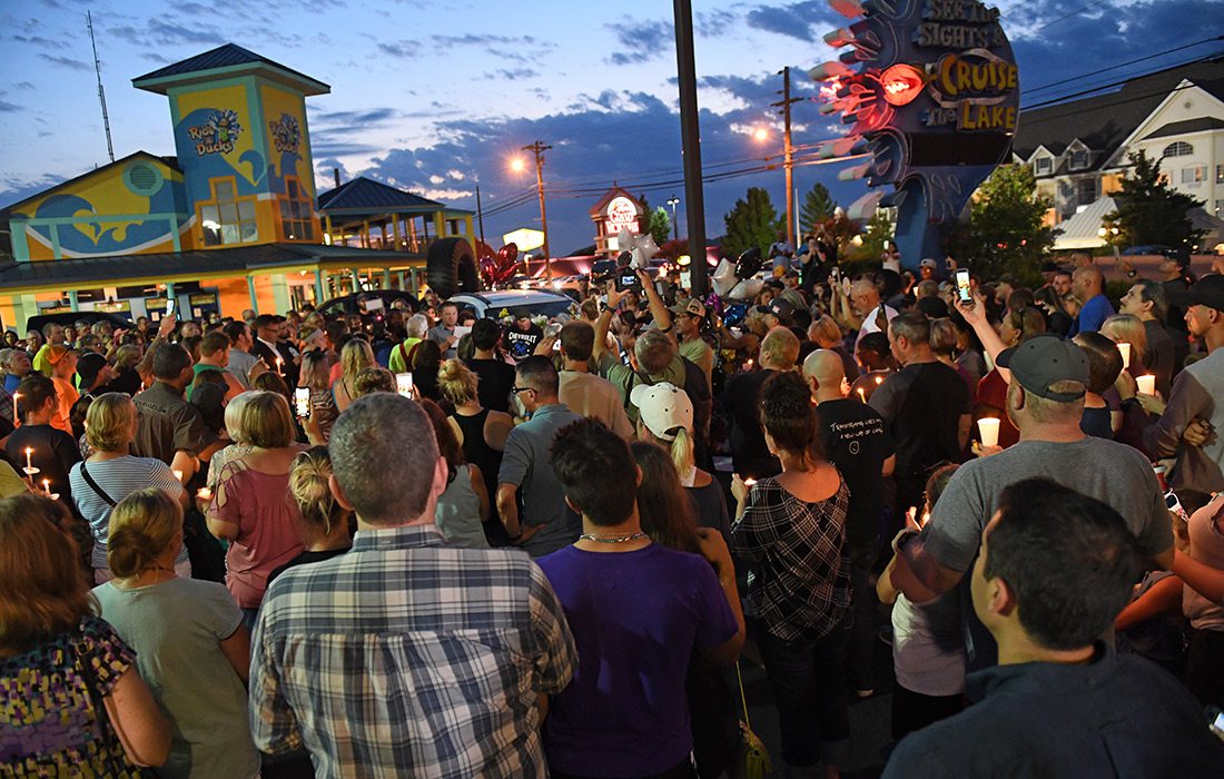 Branson community members gathered outside of Ride the Ducks after a boat sank in 2018