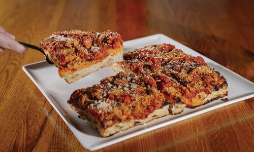 The Sfincione slice from Therefore, Pizza.