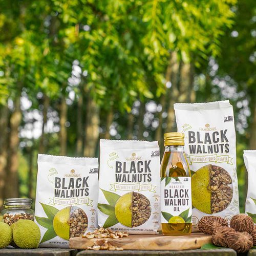 the Hammons Product Co black walnut bags lined up outside on a table